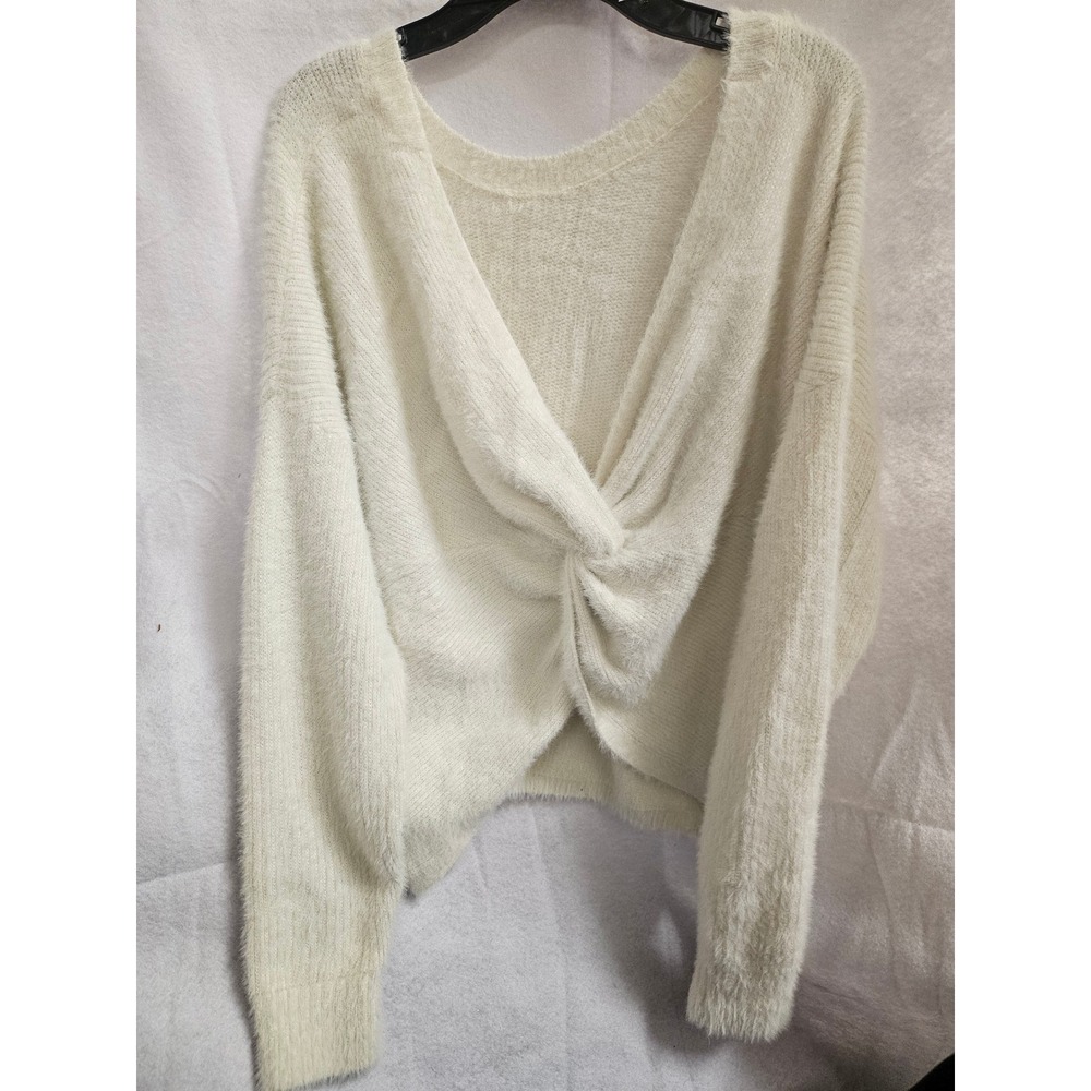 Hollister Cream Fuzzy Twist Front Reversible V-Neck Sweater Medium
